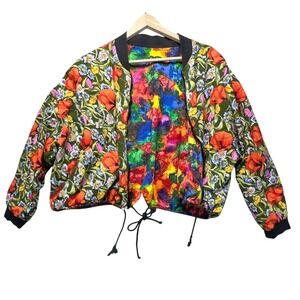 VTG Flower Print Bomber Jacket Reversable Women L Full Zip Retro Festival‎